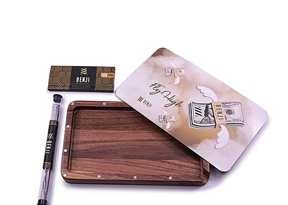 Benji Walnut Wooden Tray with Magnetic Lid + Pre-Rolled Cones + Rolling Papers Kit